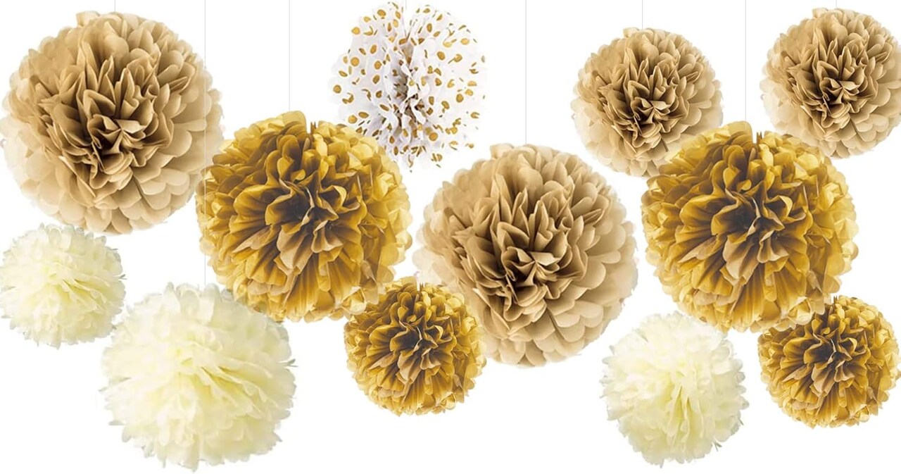 White Gold Champagne Tissue Paper Pom Poms Decor Hanging Tissue Flowers Poms Decorations Pack of 12 for Wedding, Birthday, Baby Shower ,Party Backdrop Decor ect. (12", 10", 8" Tissue Paper Flowers)